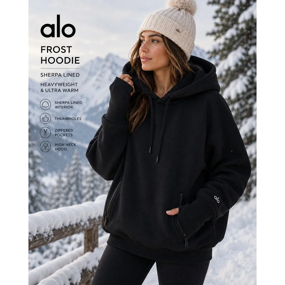 Alo Yoga Frost Hoodie Women S Black Sherpa Lined Sweatshirt Thumbhole Pullover
